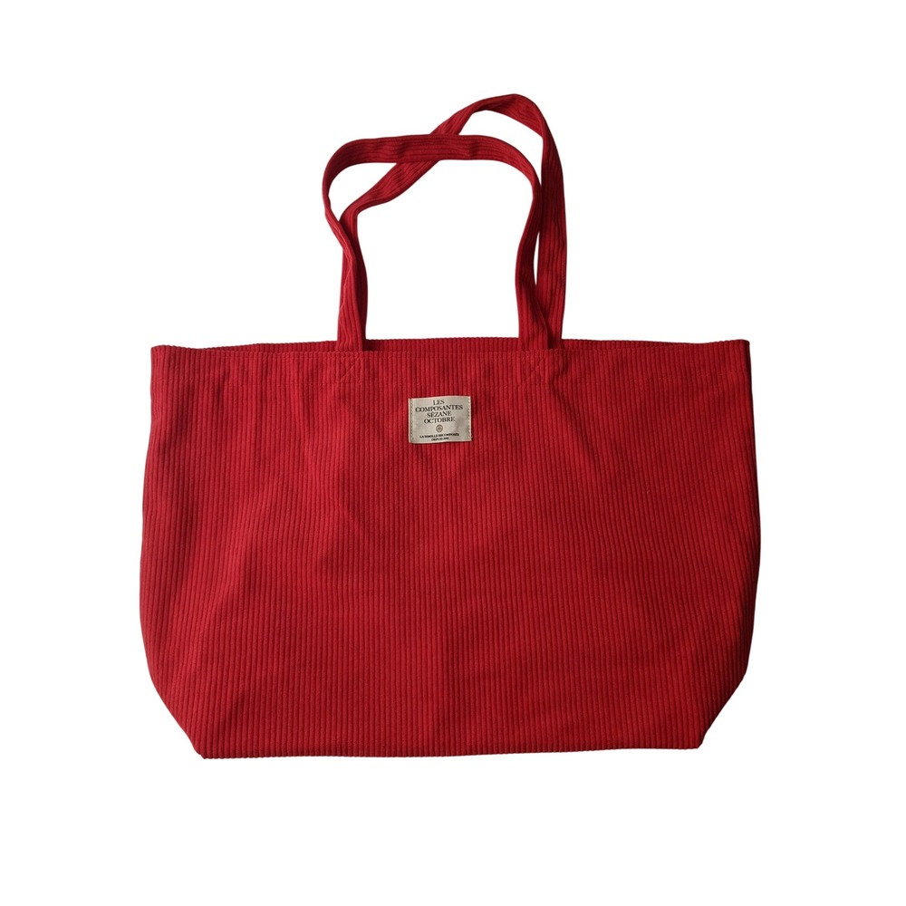 Sezane Les Composantes Red Corduroy Tote Bag Oversized Shopper Logo Patch